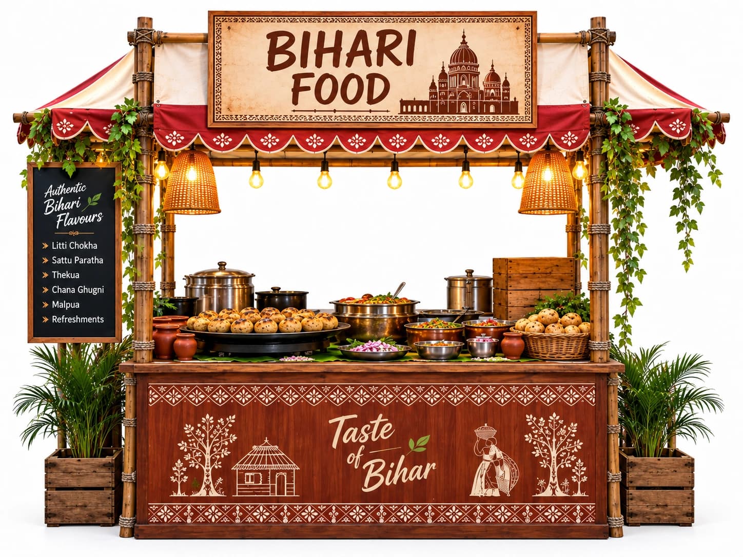 A bamboo festival stall with a Bihari Food sign, lanterns and trays of litti chokha on the counter